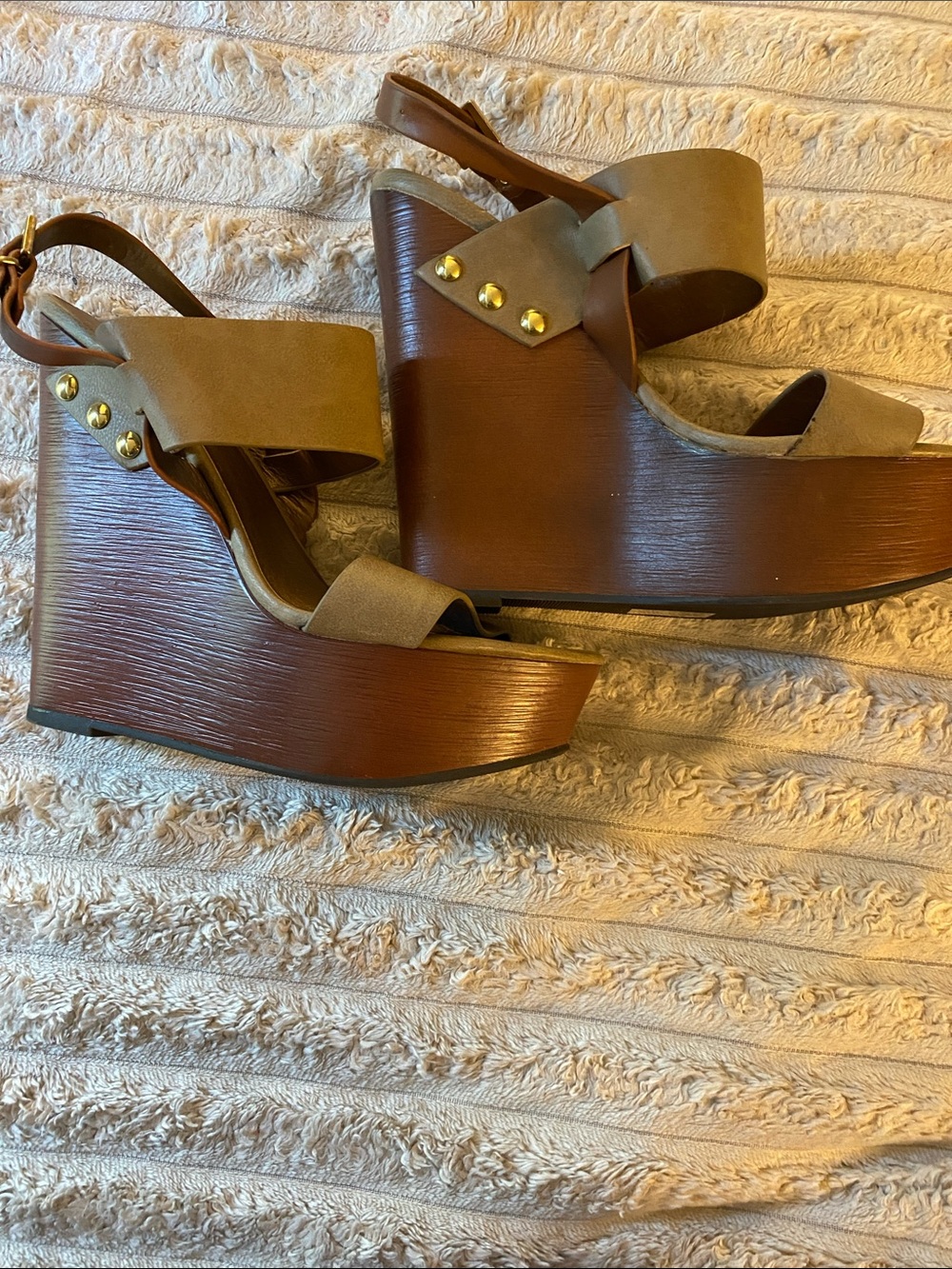 Moda International Taupe Suede Wedge Sandals with Wood-Effect Platform